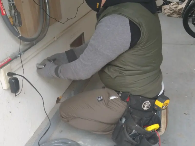 Electrician performing outlet wiring in a Lakeland Highlands garage